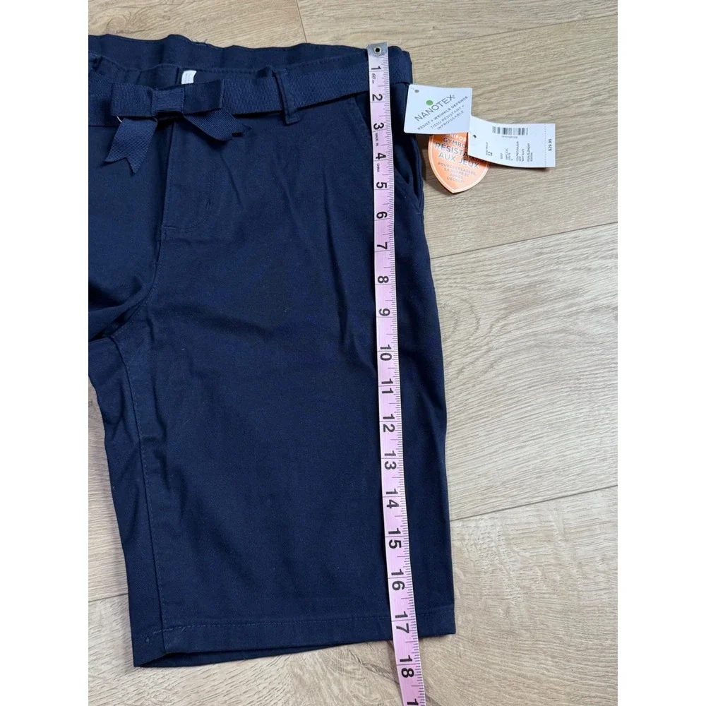 NWT Kid Girls Gymboree nanotex uniform navy blue bow belted chino shorts size 12